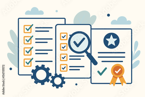 Quality management concept with certification and standardization. Document inspection and regulatory compliance checklist. Approved certificate, policy assessment and quality control.
