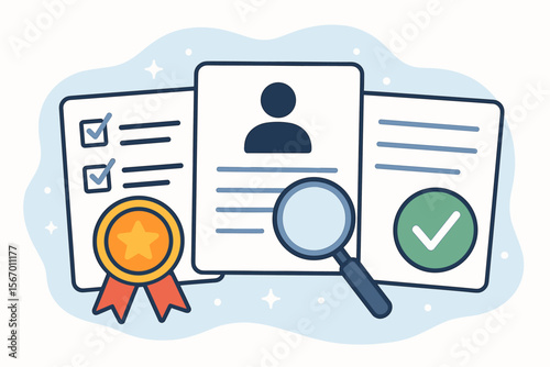 Certification and quality management concept with approved documents. Standardization and compliance assessment vector. Illustration of profile verification, audit checklist, and award.