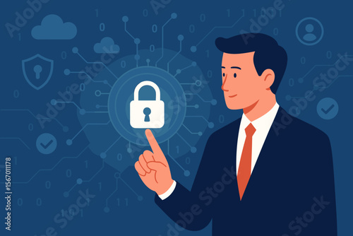 Cybersecurity and internet data protection concept. Businessman touching a padlock icon on a digital interface. Network security system, user privacy, and cloud computing protection.