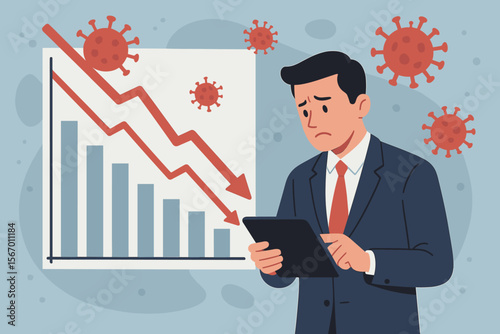Economic crisis due to Covid-19 pandemic. Worried businessman analyzing falling stock market chart on a tablet. Financial recession, sales decline, and business failure concept.