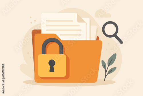 Document security and confidential data protection concept. Secure files in folder with private lock. Information privacy, archive search and access management. Flat vector illustration.