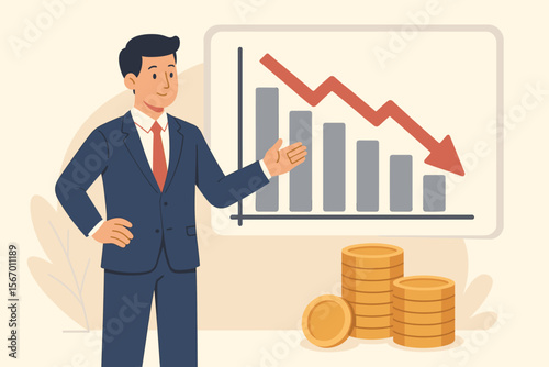 Businessman presenting a falling chart, concept of financial crisis and economic recession. Investment loss, market crash, bankruptcy, and sales decrease. Vector business metaphor.