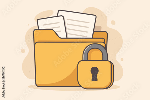 Confidential document and data protection concept. Secure files in a folder with private lock. Padlock symbol for information privacy, safety, and secure data access. Flat cartoon vector illustration.