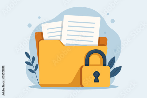 Document secure confidential access concept. Secure confidential files folder with documents, private lock. Data protection, privacy, and information security vector illustration.