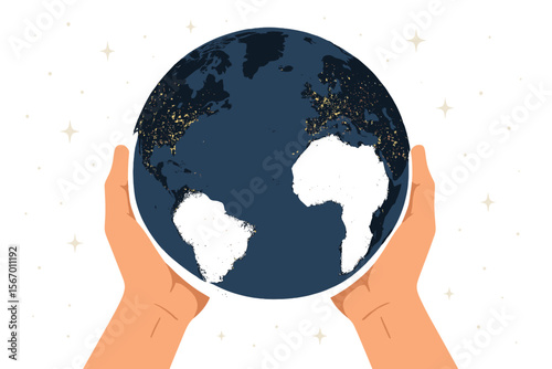 Human hands holding planet Earth at night. Save our planet concept. Global conservation, environmental protection, ecology, and responsibility. Vector cartoon for Earth Day.