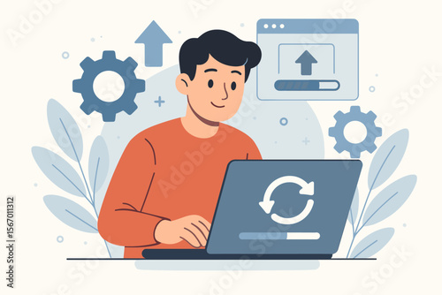 Man updating software on his laptop computer. System upgrade, installation and maintenance technology concept. User installing new program version or updating application on PC.