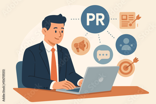 Public relations PR concept with businessman at laptop planning marketing strategy. Man working on communication, advertising, and brand promotion with media icons. Flat vector illustration.