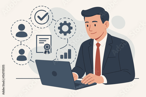 Businessman managing public relations PR on laptop. Corporate communication, media relations, and publicity strategy. Brand reputation management and marketing analytics concept vector.
