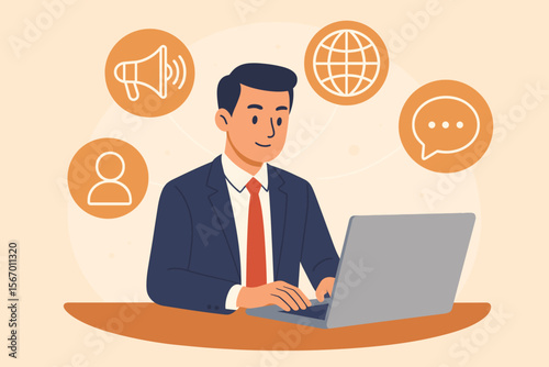 Public relations PR concept with businessman working on laptop. Man at desk with icons for communication, marketing, advertising strategy, global audience, and brand promotion.