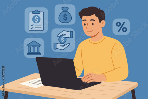 Man applying for a personal loan online using a laptop. Fintech concept with financial agreement, bank service, credit score, and mortgage icons on a virtual screen. Digital banking vector.