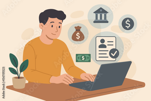 Personal loan and financial technology concept. Man using laptop for online loan application, credit approval, and digital banking. Financial agreement, mortgage, and money icons. Vector.