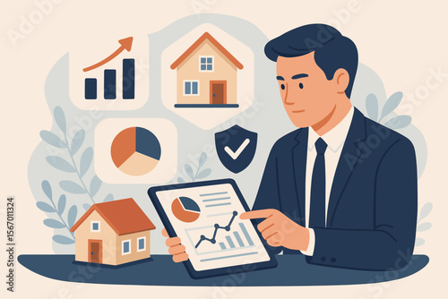 Real estate investment concept. Businessman analyzing property data on a tablet for mortgage loan and home insurance. Financial planning for real property with market growth chart.