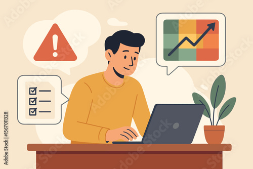 Risk management concept. Businessman using laptop for financial risk assessment. Person planning mitigation strategy with checklist and data analysis for business growth and decision.