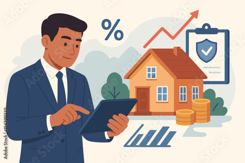 Real estate agent analyzing property investment data on tablet. Mortgage loan, home insurance, interest rate calculation, and financial planning concept. House sale and market growth.