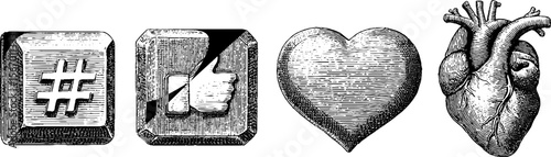 Vintage social media icons and anatomical heart sketch for retro design projects
