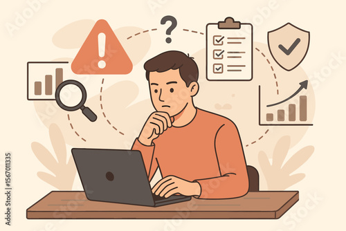 Risk management concept with a businessman at a laptop. A person is analyzing data for risk assessment, mitigation, and planning strategy. Business security, decision making, problem solving vector.