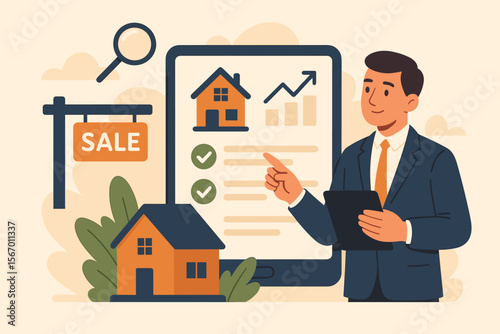 Real estate business concept with agent analyzing property on a tablet. Buying and selling houses online, home inspection checklist, mortgage application, and investment growth chart.