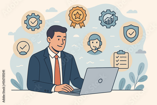 Quality assurance concept. QA management with icons for standards, certification, service, reliability, and improvement. Businessman working on laptop for quality control process.