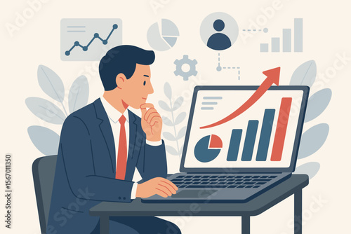 Sales performance management concept. Businessman analyzing financial data on laptop for strategic decision making. Operations management for business growth and increasing sales.