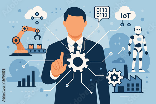 Industry 4.0 smart factory concept. Businessman controlling automation, robotics and IoT on a virtual screen. Industrial revolution with cloud computing, big data, and digital systems.