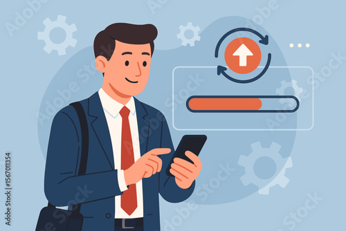 Software update concept. Businessman updating operating system on smartphone. Installing new application version with loading progress bar. System maintenance and device upgrade.