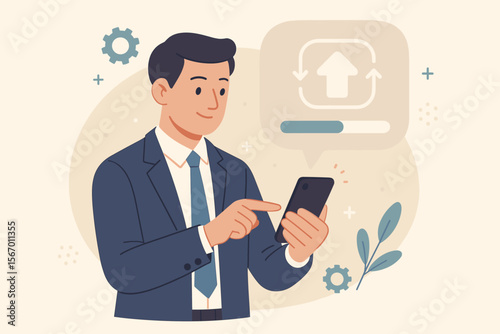 Software update and operating system upgrade concept. Businessman installing new version of app on smartphone. Device maintenance and system security patch with progress bar.