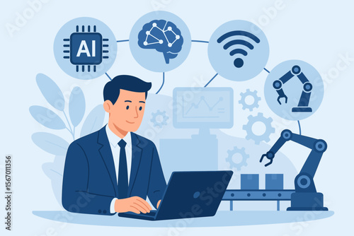Industry 4.0 smart manufacturing vector concept. Engineer manager using laptop for factory automation control. AI, machine learning, IoT technology and robotics on production line.