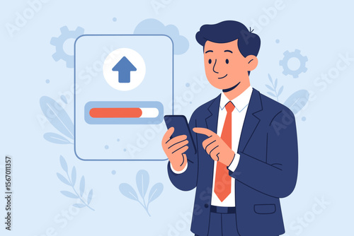 Software update and operating system upgrade concept. Businessman using a smartphone to install a new application version. Device maintenance with progress bar loading for functionality.