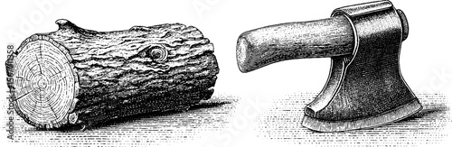 Vintage hatchet and chopped log illustration with wood grain detailing for retro design