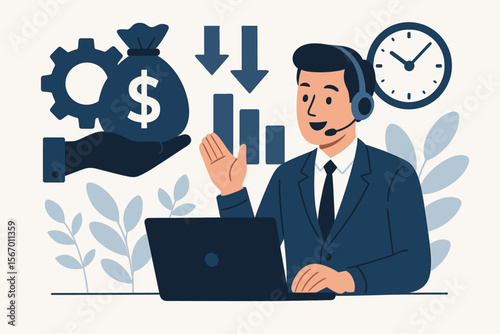 Financial support concept for cost reduction and time saving. Business consultant optimizing production and operations. Flat vector cartoon of manager with money bag, graph and clock.