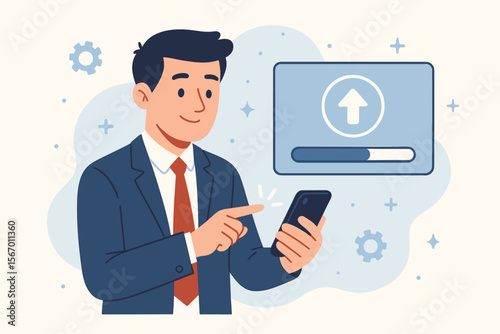 Software update concept. Businessman upgrading operating system on smartphone. Man installing app, downloading new version. Technology illustration with loading progress bar and upload icon.