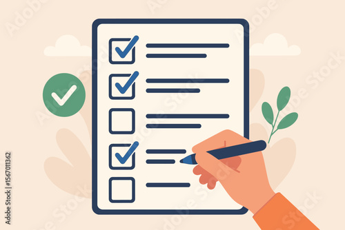 Checklist survey form concept, hand filling questionnaire with checkboxes, online test answers, to-do list, task management, productivity planning, modern flat vector illustration
