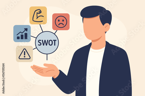 SWOT analysis concept with businessman presenting a diagram. Strategic planning technique for marketing and business management. Strengths, weaknesses, opportunities, threats matrix.