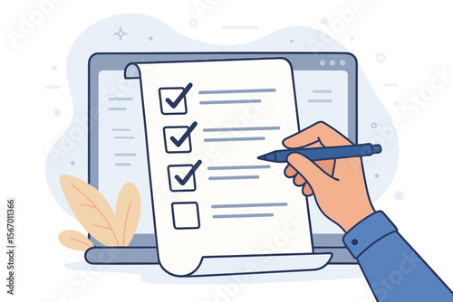 Online survey checklist concept, questionnaire with checkboxes, hand filling out digital survey form, answering test questions, modern flat vector illustration, feedback and evaluation