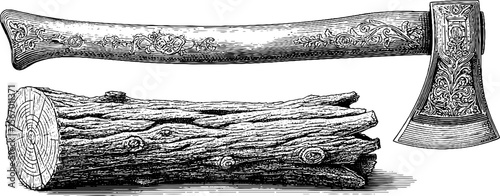 Vintage hand drawn hatchet and chopped log woodcut engraving for retro design