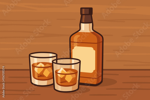 Whiskey bottle with blank label and two glasses of bourbon on the rocks. Vector illustration of scotch or rum on a wooden bar counter. Alcohol drink concept for pub menu or party.