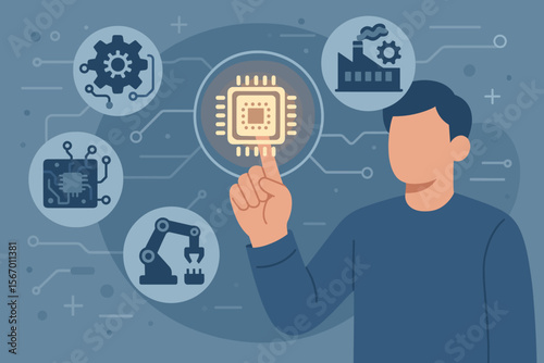 Industrial technology innovation concept. Person interacting with virtual microchip interface. Automation, robotics, electronics, smart manufacturing, digital transformation, factory process control