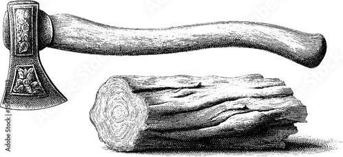 Vintage hand drawn hatchet with chopped log and wood grain design for rustic decor