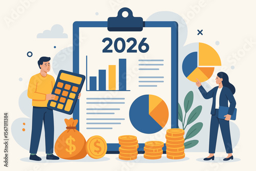 2026 budget planning and financial management concept. Business team analyzing company income, expenses, and investment strategy. Corporate finance report and budget allocation vector.