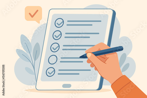 Survey form concept with a hand filling out a checklist on a digital tablet. Online questionnaire, test, or poll with checkboxes. To-do list for task management and organization. Vector illustration.