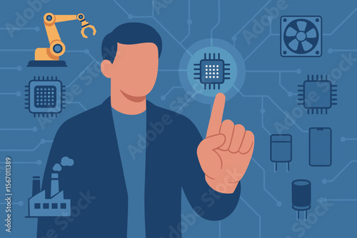 Industrial Technology Innovation Concept. Businessman Touching Virtual Microchip Icon. Automation, Electronics Manufacturing, Robotics, Circuit Board, Factory, Industry 4.0, Digital Transformation