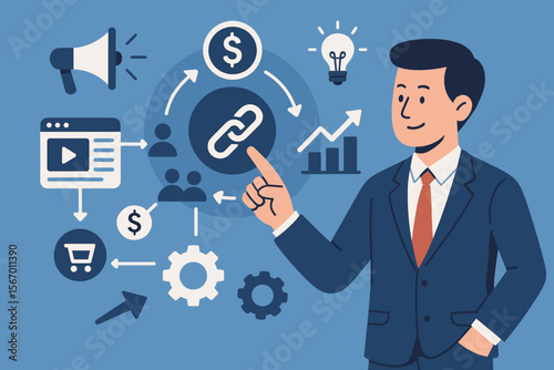 Businessman and affiliate marketing strategy. Vector diagram with icons for digital promotion, referral link, video content, e-commerce sales, and commission. Online business growth concept.