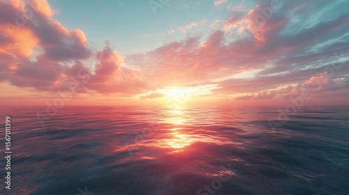 A vibrant inspired depiction of sunset over a calm ocean, capturing the essence of a perfect summer evening