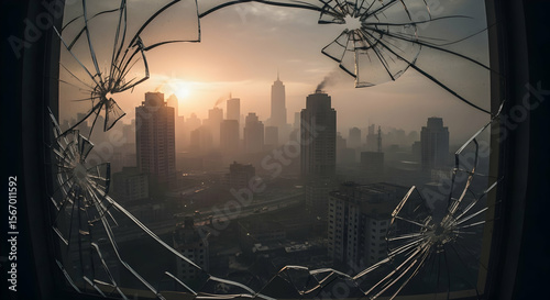 Urban skyline through shattered glass