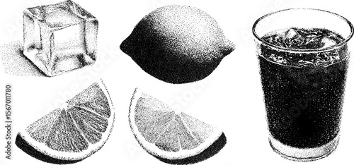 Refreshing beverage elements: ice cubes, lemon slices, and soda fizz for summer designs