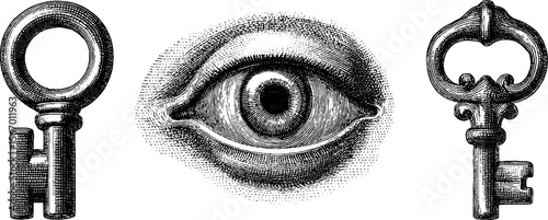 Intricate dotwork design of key, lock, and eye for tattoo art