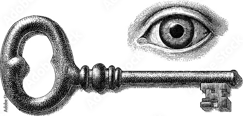 Intricate dotwork tattoo style: ornate key, lock, and eye design