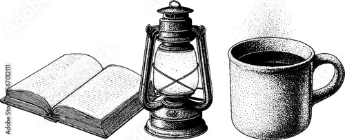 Vintage lantern, open book, and steaming mug dotwork sketch for retro design