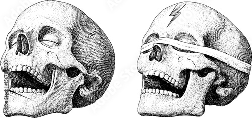 Laughing skull and lightning sketch for retro design