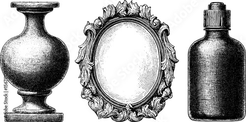 Vintage sketch of lava lamp base, ornate oval mirror, and classic bottle for retro design